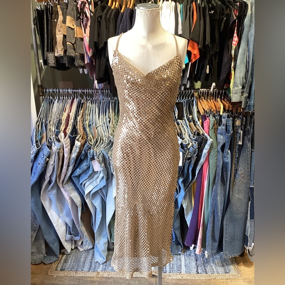 Bria sequins Gold Cowl Neck Slip Midi Dress - Picture 1 of 5